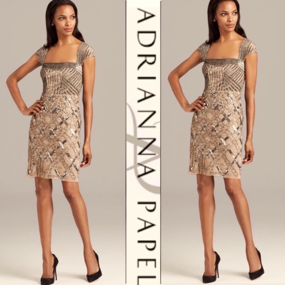 Adrianna Papell cap sleeves sequins beaded dress